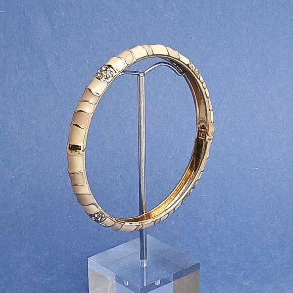 Branch Pattern Rhinestone Cream Tan Enamel Hinge Bangle Skinny Bracelet Casual - Picture 6 of 6